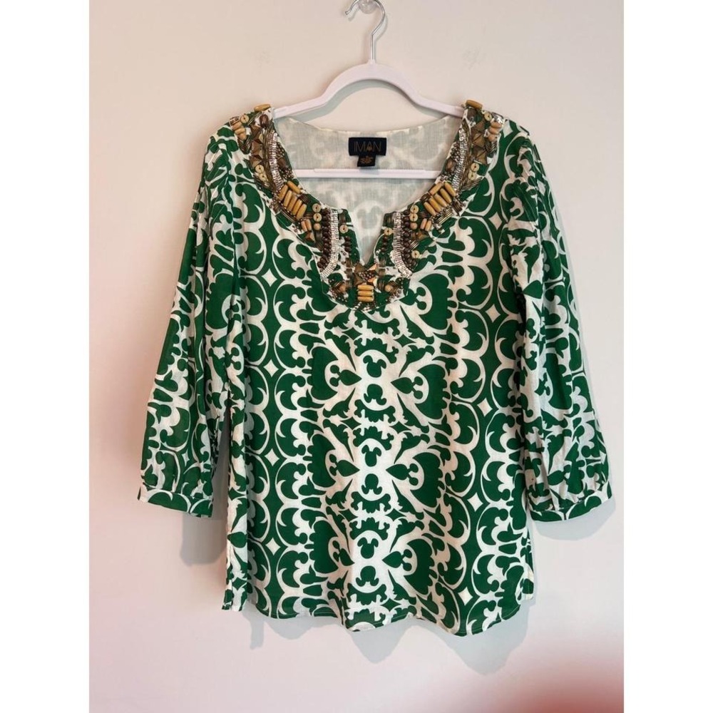 IMAN Tunic Top Green White Pattern Beaded Neckline 3/4 Sleeve Cotton M